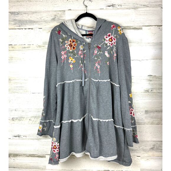 Johnny Was Women’s XL Gray Embroidered Acacia Tiered Zip-Up Boho Hoodie Shirt - Picture 2 of 9
